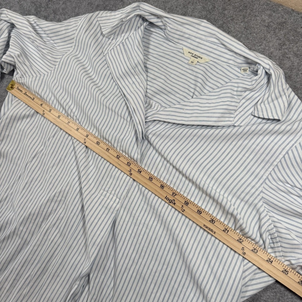 Max Studio London Pinstripe Blouse 2X Blue White Tie Sleeve Button Cuff - Picture 8 of 10